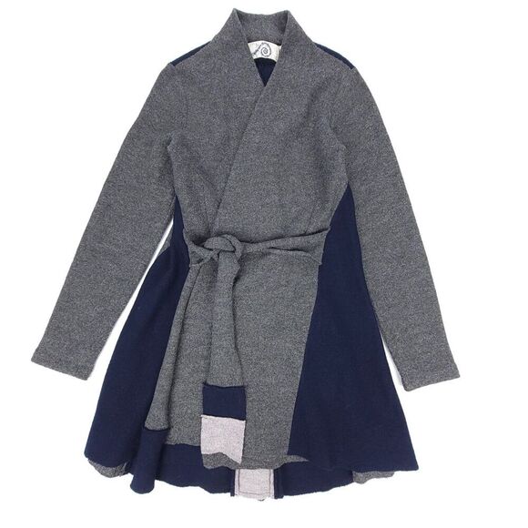 ANTHROPOLOGIE Denisse 100% Wool Sweater Coat Wrap Cardigan Lagenlook Gray Navy - Picture 1 of 8